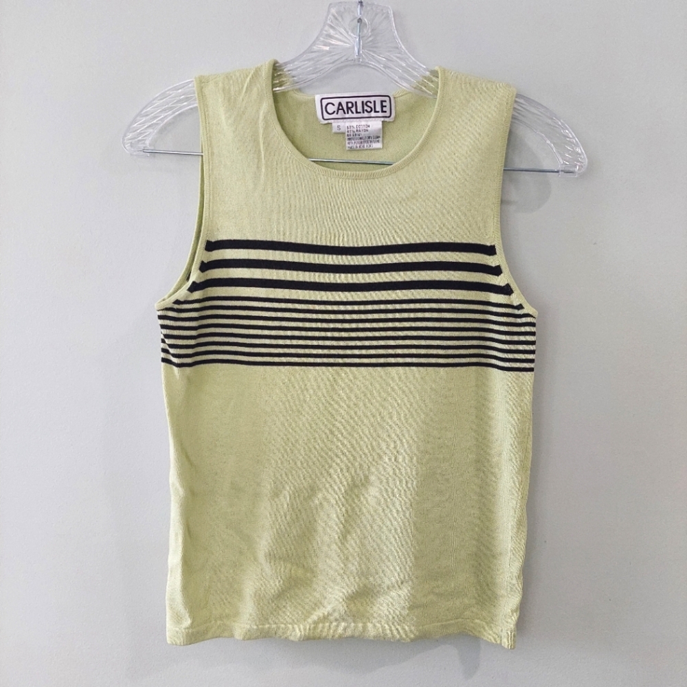 Carlisle Knit Blouse Green Small Sleeveless Black Stripes Crew Neck